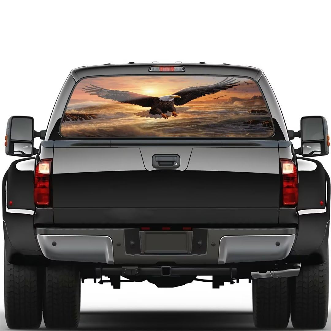 Eagle Truck Rear Window Perforated Decal Wrap Size 58" x 18" Sunset Graphic Vinyl Sticker Patriotic Decoration Fit Most Pickup Trucks SUV,Funny Rear View Mirror Accessories