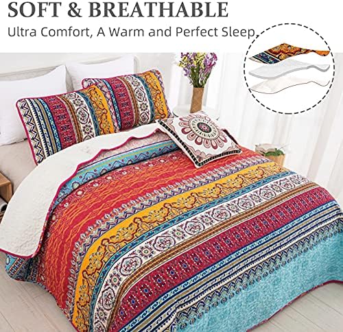 WONGS BEDDING Bohemian Bedspread Double Boho Striped Pattern Printed Quilted Bedspread Coverlet for All Season,Soft Microfiber Quilt Double Size 220x240cm