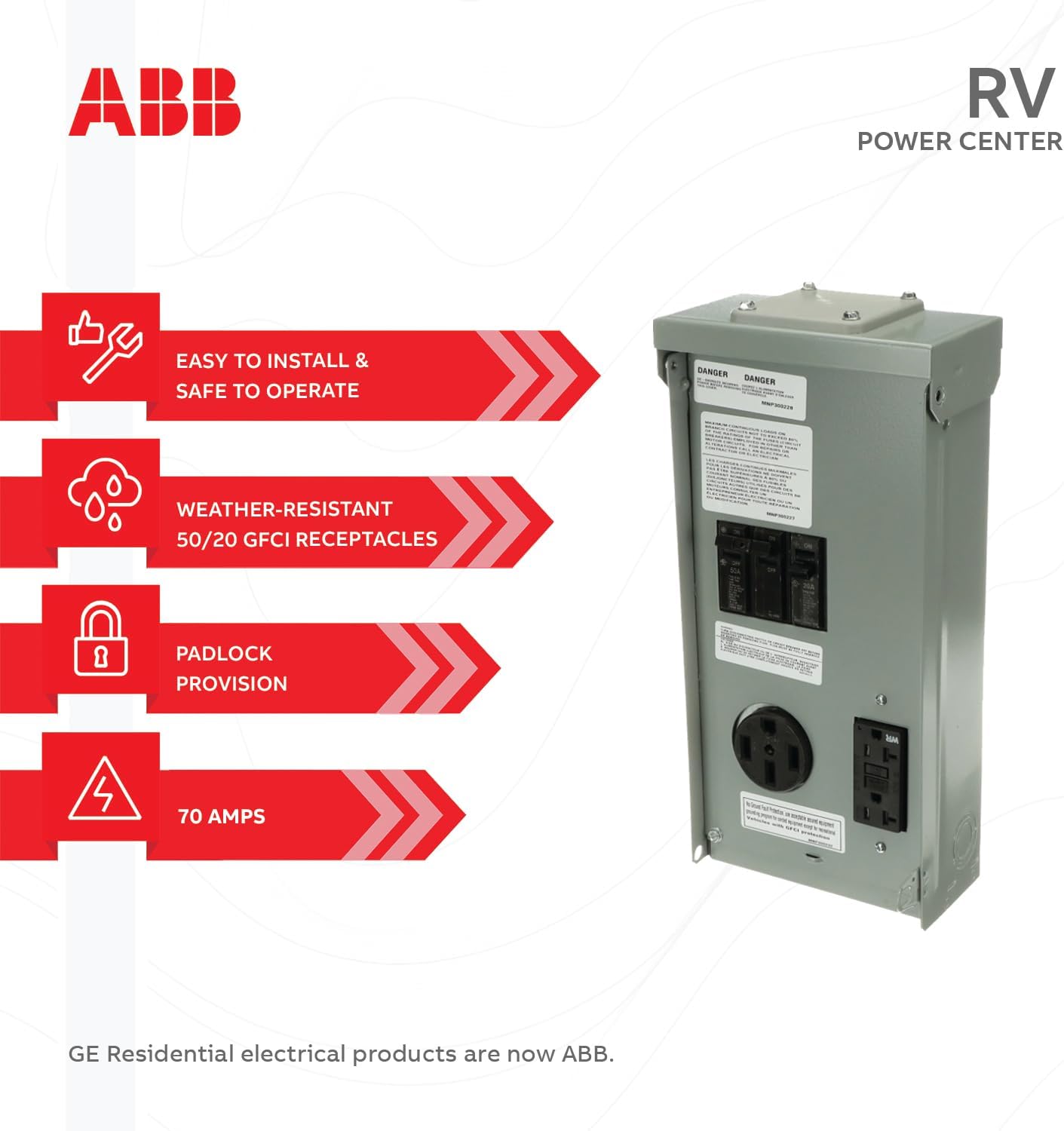 ABB Electric GE1LU502SS • Weatherproof RV Power Outlet • 70A Unmetered • N3R Surface Mounted • RV Equipment • 50A/20A Breakers with 14-50 RWR • 5-20R2 GFCI WR receptacles