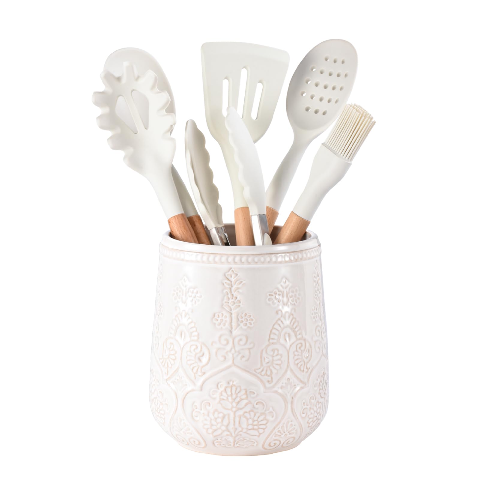 Lunaicorn Utensil Holder, Large Kitchen Utensil Holder for Counter, 6.7”Ceramic Cooking Utensils Holder, Kitchen Decor for Counter (White)