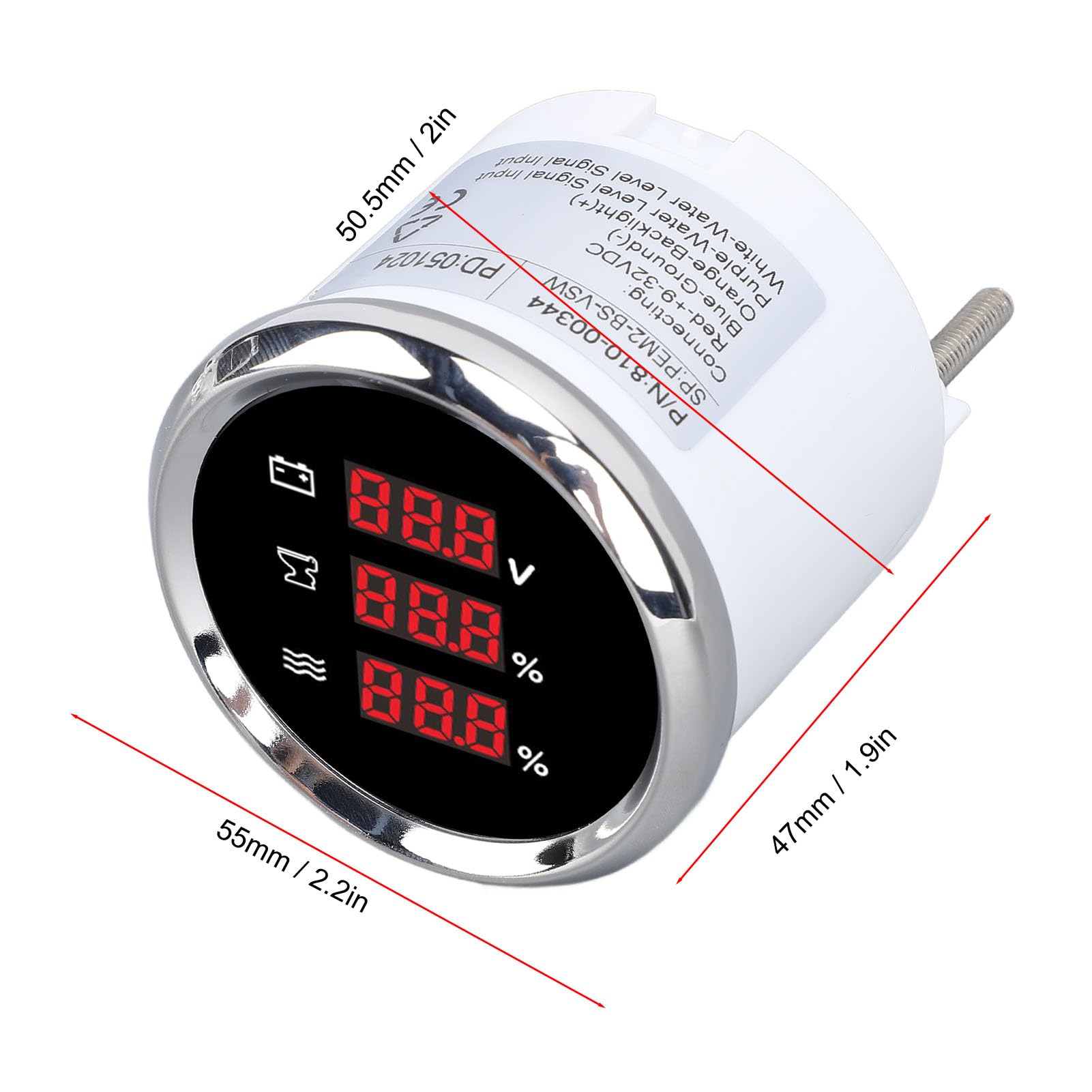 KIMISS Jauge de Niveau d'eau des Eaux Usées, Tension Numérique 52mm, Rétro-éclairage Rouge, Connexion Sécurisée pour Bateau, Yacht, Camping-Car (Cadran Noir Lunette argentée)