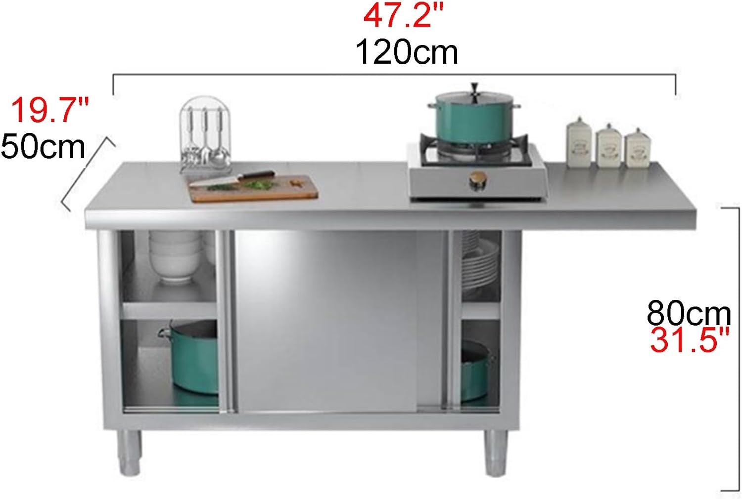 1 Piece Stainless Steel Workbench Open Kitchen Cabinet with Double Sliding Doors and Shelves Load 500 Kg No Assembly Required