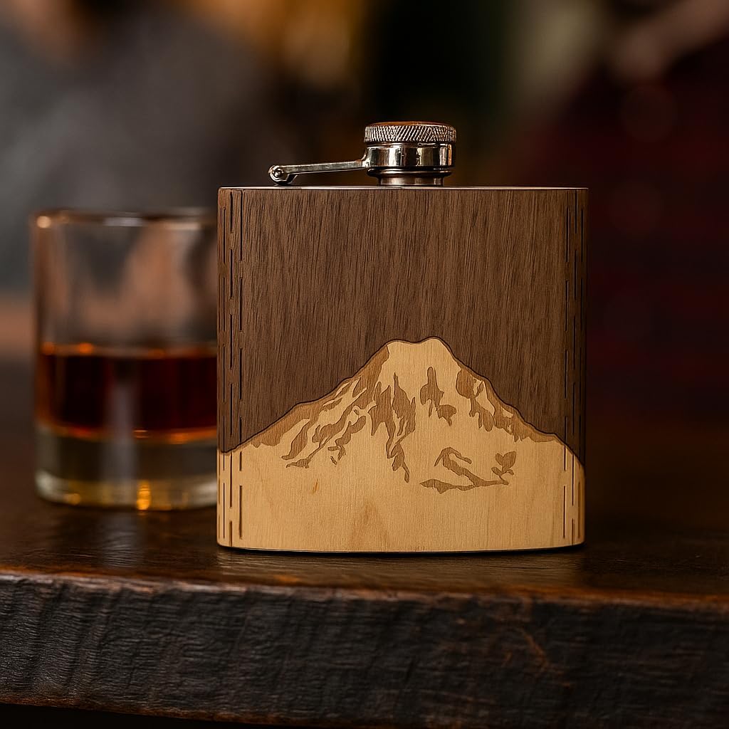 Laser Engraved Wooden Hip Flask - 6 oz. Stainless Steel, Cascade Range - Mt. Rainier Walnut Sky