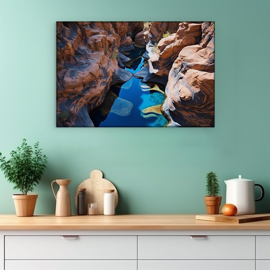 Canvas for Living room. Sapphire Ribbons Through Red Stone Giants: Nature's Masterpiece Unveiled, 27 x 18 inch Canvas Wall Art - Modern Home Decor