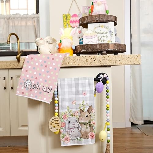 Miniatura 4 de ARKENY Juego de 2 toallas de cocina de Pascua, diseño de conejito a cuadros de búfalo, diseño floral de feliz Pascua, 18 x 26 pulgadas, decoración