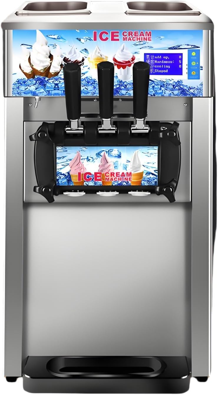 Machine à Crème Glacée Commerciale 18 L/h 1200 W 3 Saveurs, Machine à Glace Italienne Trémie 2x3 L, Crème Glacée Molle Commerciale, pour Yaourt Café Snack-Bar Restaurant Supermarché