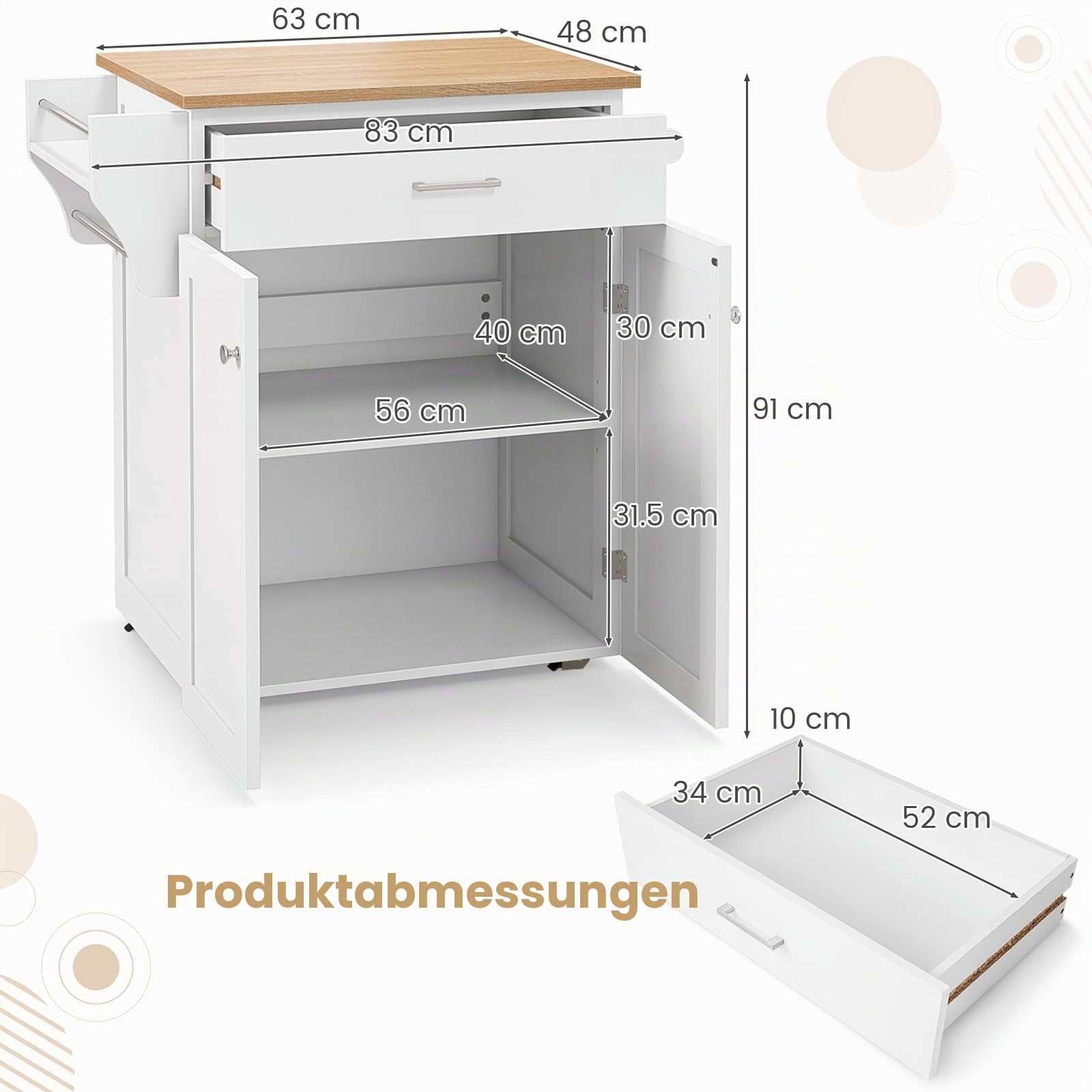 KOMFOTTEU Servierwagen mit Rollen, Gewürzregal & Handtuchhalter, Küchenwagen mit Schublade & verstellbarem Regal, Küchenschrank für Esszimmer, 83 x 48 x 91 cm, Weiß