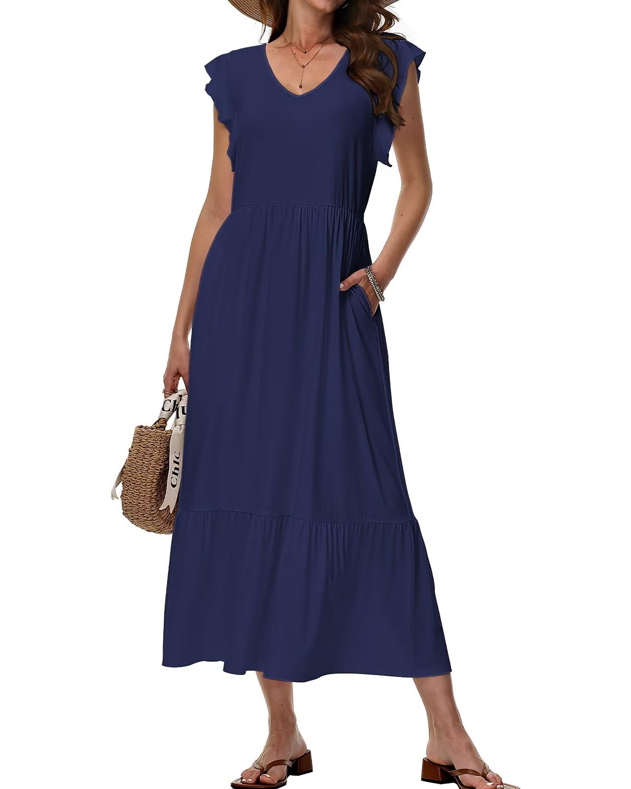 Tanmolo Maxikleid Damen Sommerkleid Lang Strandkleid Mit V-Ausschnitt Im Swing-Stil Mit Blumenmuster Mit Taschen