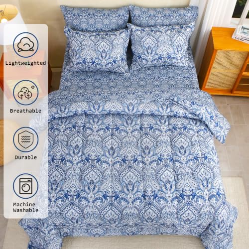 Image of lasoftan Floral Queen Comforter Set with Sheets, 7 piece Luxury Vintage Bedding, Soft Microfiber Bed in a Bag, Cozy Lightweight Bed Set, Blue Paisley
