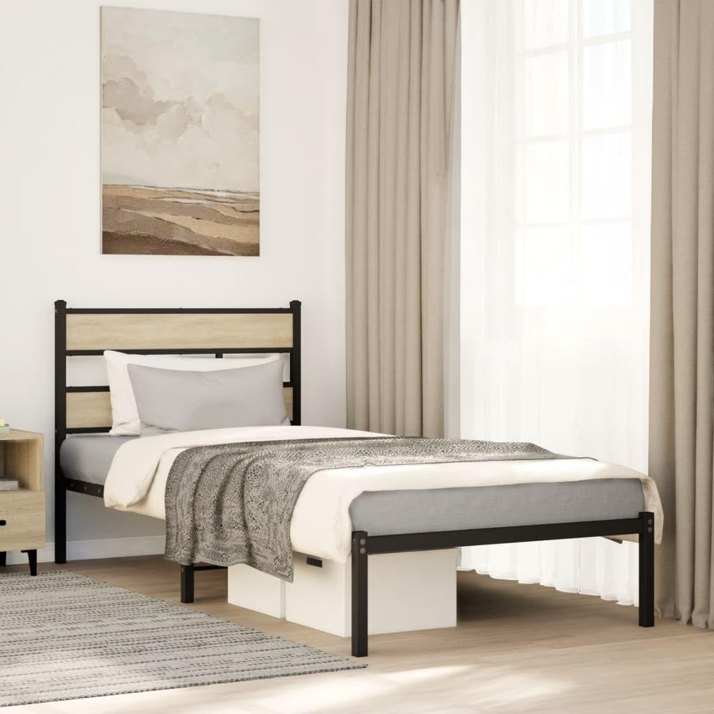 vidaXL Giroletto Senza Materaso in Metallo Rovere Sonoma 100x200 cm, giroletto con testiera, Struttura Letto, Telaio Letto