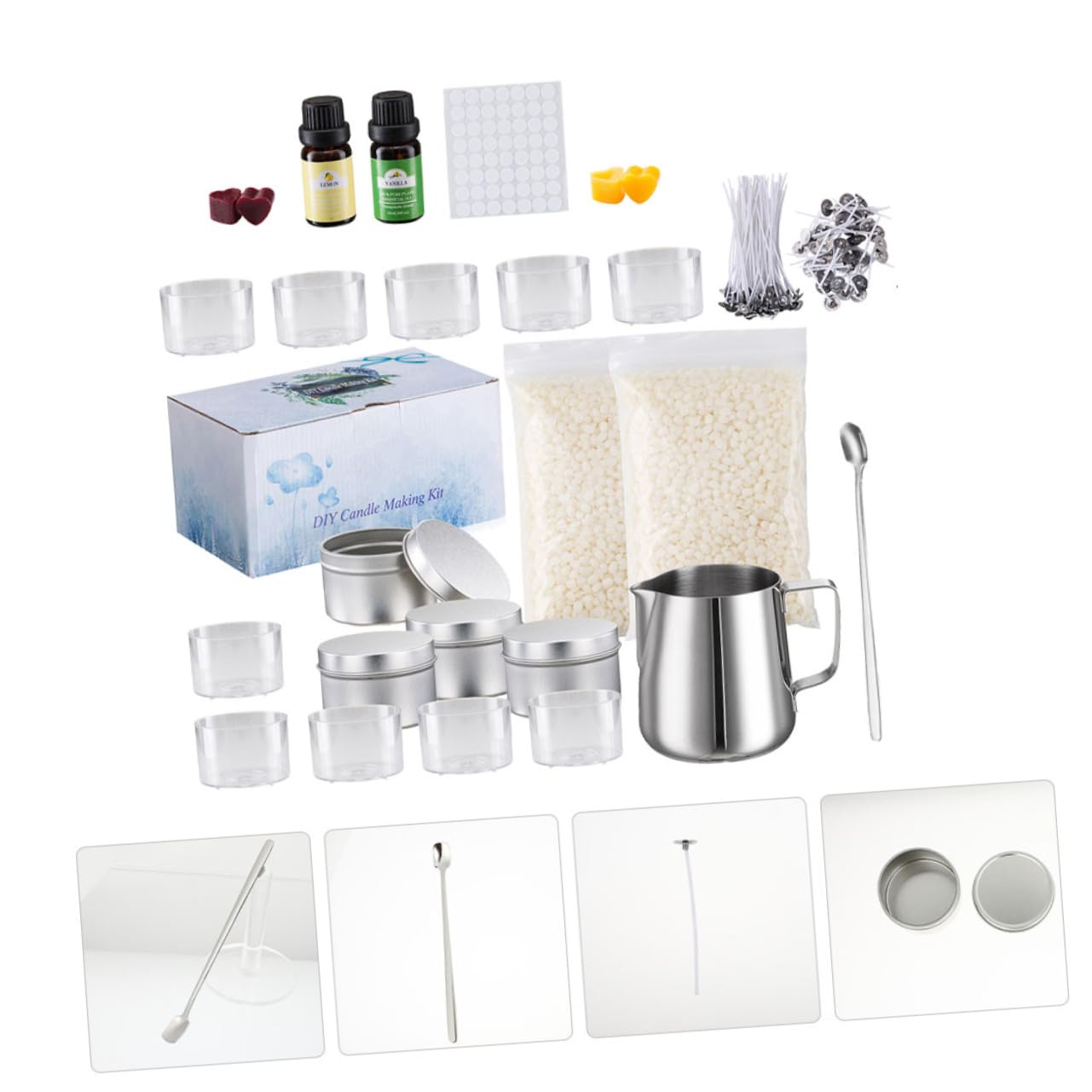 Tofficu Kit para Hacer Velas DIY Taza de Acero Inoxidable para Derretir Cera de Soja, Mango Antiquemaduras y Materiales Seguros para Manualidades en Casa