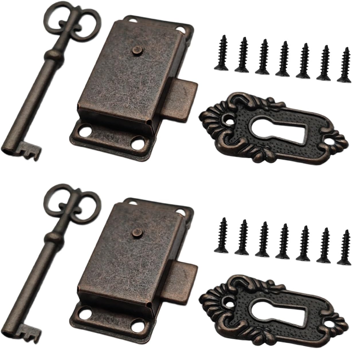 pson 2Pcs Vintage Skeleton Key Lock, Decorative Furniture Lock with Key and Screws for Chests, Cupboards, Jewelry Boxes, Desks(Antique Red Bronze)