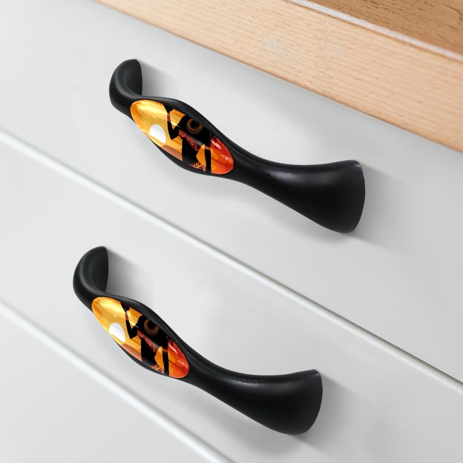 Arch Bow Cabinet Pulls, Set of 4, Art African Woman Pattern Sunset, Drawer Pulls Kitchen Cabinet Handles Kitchen Hardware for Cabinets, Black