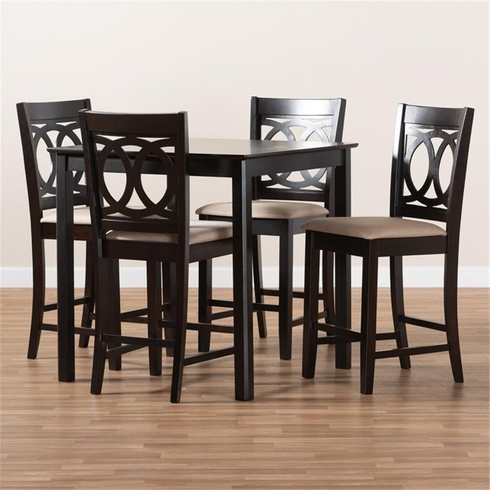 BOWERY HILL Contemporary 5-Piece Wood Pub Set, Solid Rubberwood and MDF, Sand and Espresso Finish, Polyester Upholstered Foam Chairs, Modern Style Dining Table and Chairs for Home Bar or Kitchen Use