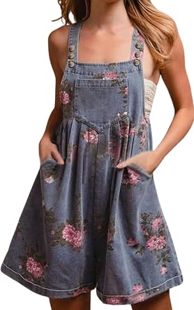 yoeasy Women Casual Denim Bib Shorts Overalls Sleeveless Adjustable Straps Wide Leg Boho Floral Printed Baggy Rompers