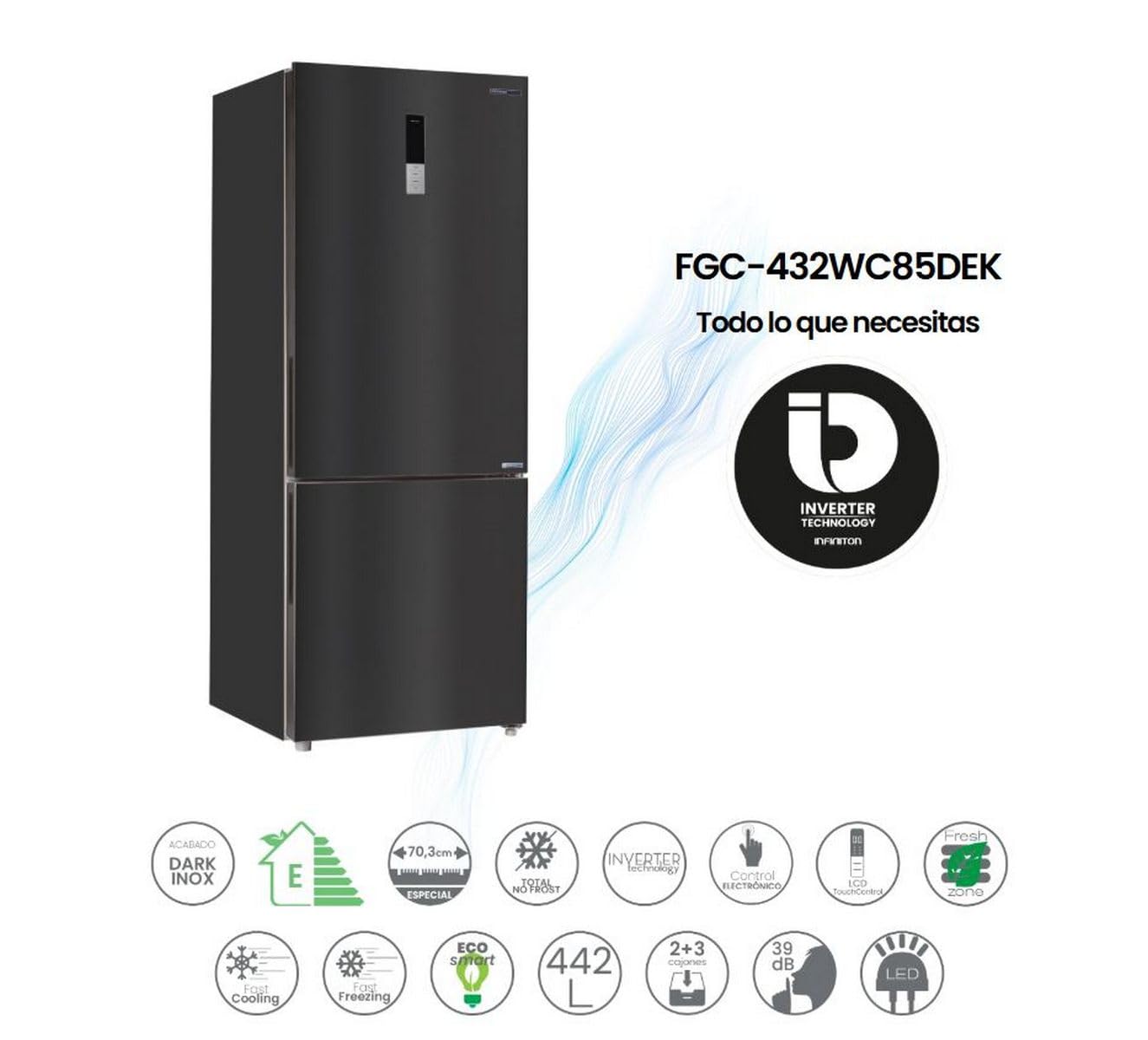 INFINITON Frigorifico Combi FGC-432WC85DEK, 442 Litros, Ancho Especial de 70 cm, Inverter, No Frost Total, Fast freezing, Alarma óptica y acústica de puerta abierta, E, Dark Inox