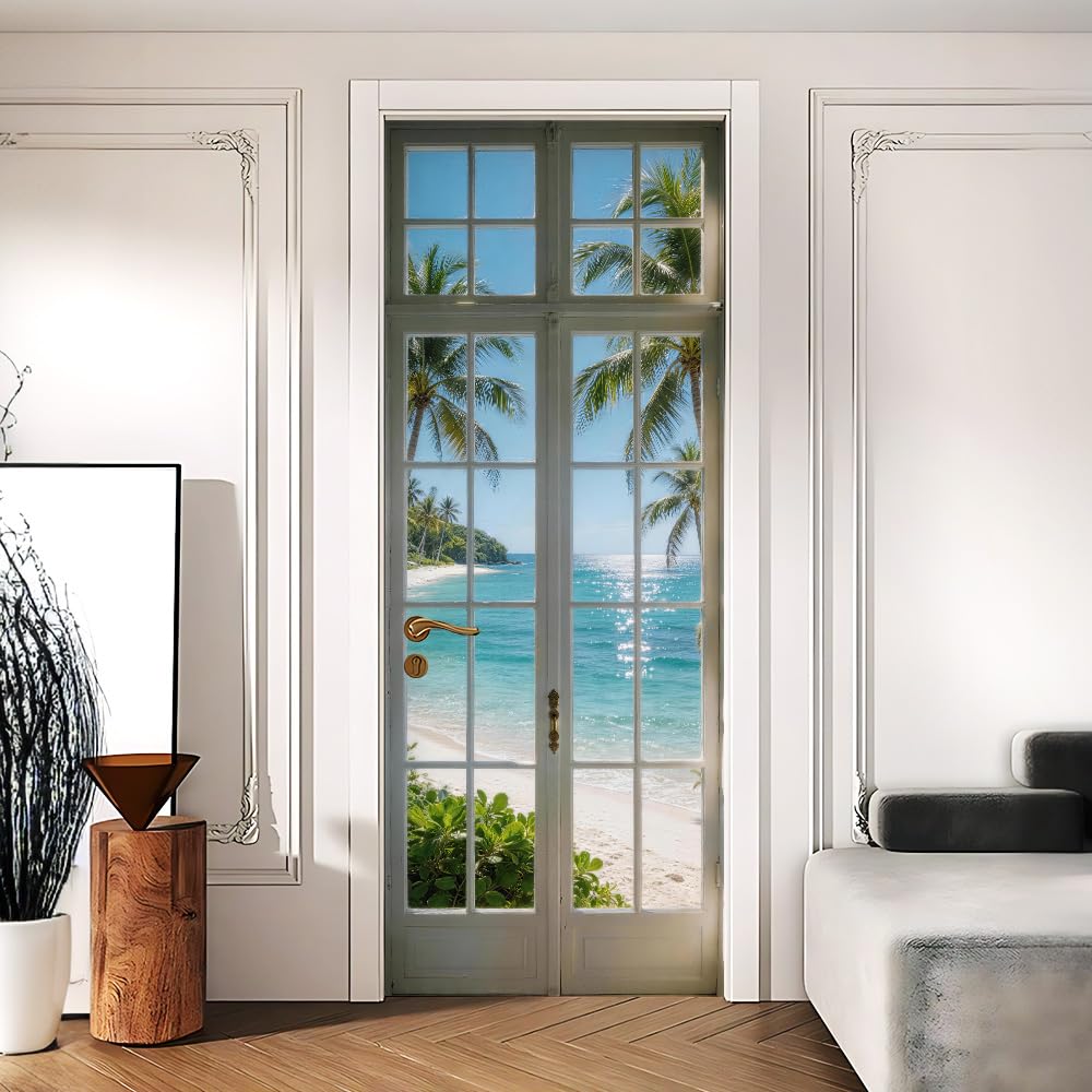 Ocean View Door Mural, Faux French Door Cover, 30.3x78.7in
