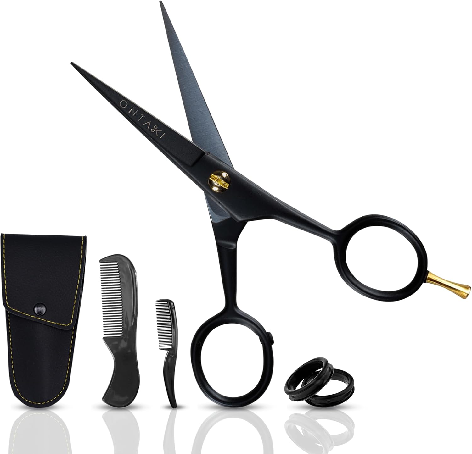 Ontaki Beard & Mustache Trimming Scissors - 5-Inch, Silver, Pack of 1 - Mustache Care Kit with Travel Comb - Compact Travel Pouch & Grooming Kit - 410C German Steel Durability & Beard Scissors