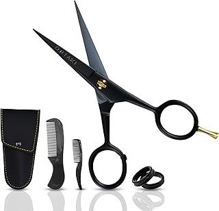 Ontaki Beard and Mustache Trimming Scissors for Men - 5" Black, 410C Precision Forged German Steel Beard Mustache Scissors - Complete Grooming Kit with Combs For All Hair Types