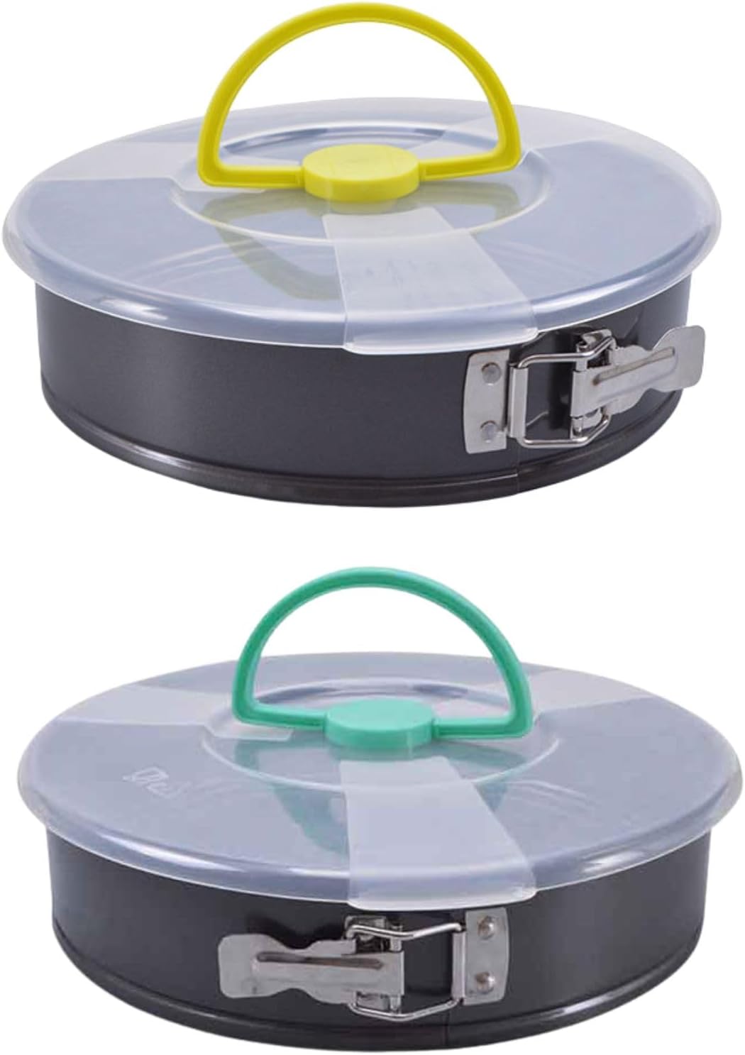 2Pcs Springform Pan Set with Lids, 9 and 10 Inch Nonstick Carbon Steel Cake Pans, Removable Bottom Bakeware for Cheesecake, Pizza, Pie with Travel-Friendly Design