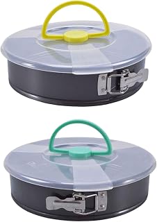 2Pcs Springform Pan Set with Lids, 9 and 10 Inch Nonstick Carbon Steel Cake Pans, Removable Bottom Bakeware for Cheesecake, Pizza, Pie with Travel-Friendly Design