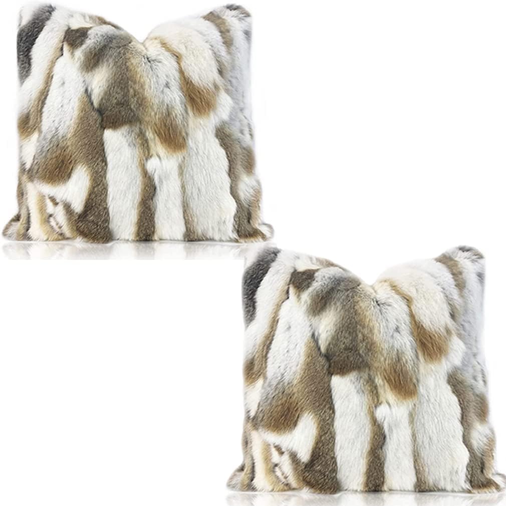 Genuine Natural Fur Pillow Covers, Real Rabbit Fur 20x20 Throw Pillows, Super Soft Silky Pillowcase, Animal Skin Cushion Cover for Couch Sofa Living Room Bedroom Decor, Brown White
