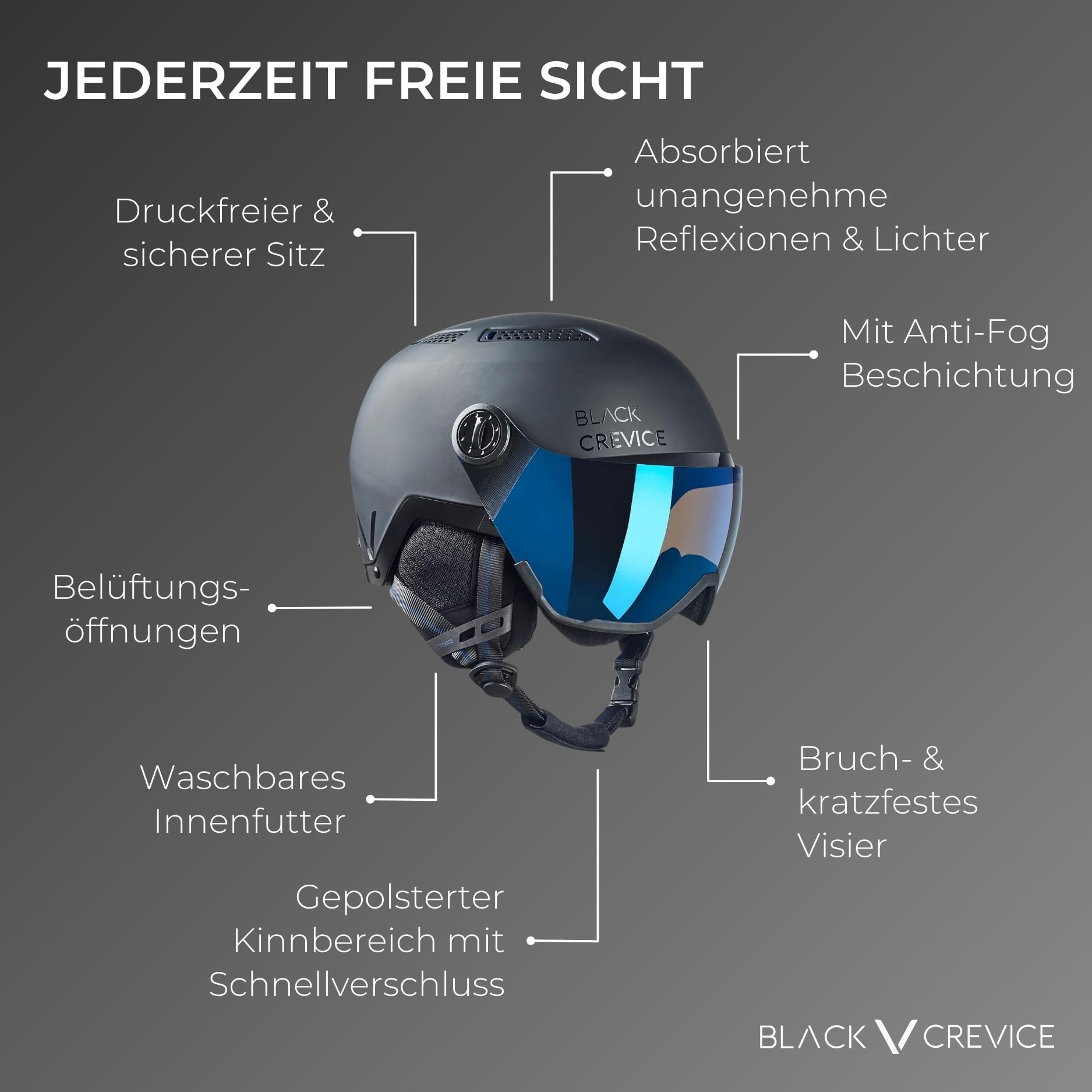 BLACK CREVICE Skihelm Chamonix I Skihelm mit Visier im Pilotenstyle I Skihelm Herren & Damen I Unisex Snowboard-Helm I Atmungsaktiver Ski-Helm I Größenverstellbar