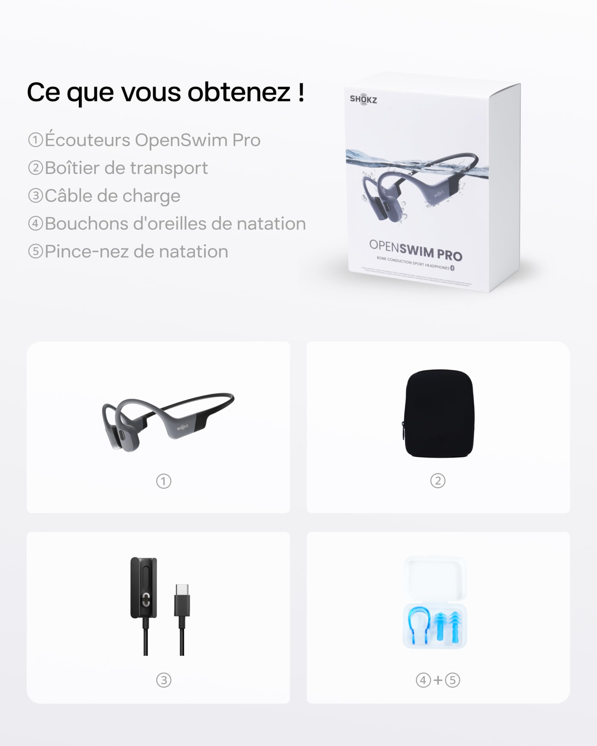 SHOKZ OpenSwim Pro Casque à conduction osseuse, écouteurs sans fil à oreilles libres, IP68, Bluetooth 5.4, stockage MP3 32 Go, micros à annulation de bruit, 9 h d'autonomie pour courir et nager - Gris