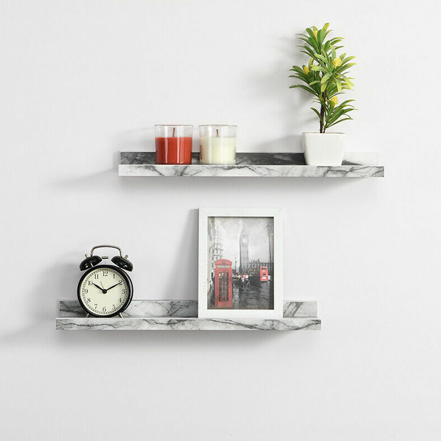 YORKSHIRE HOMEWARE Set of 2 Industrial Wall Photo Shelf Wooden Floating Shelf Wall Mounted Display Shelves Decorative Hanging Shelving Unit for Bedroom Living Room Office (48cm, Marble Effect Shelf)