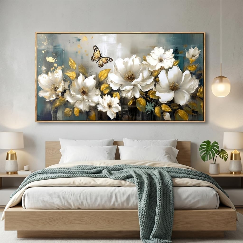 Wall Art Modern Flower Artwork Paintings White Blossom Gold Leaf Butterfly Landscape Picture wall Decor for Living Room Bedroom Kitchen 20"x40" with Framed