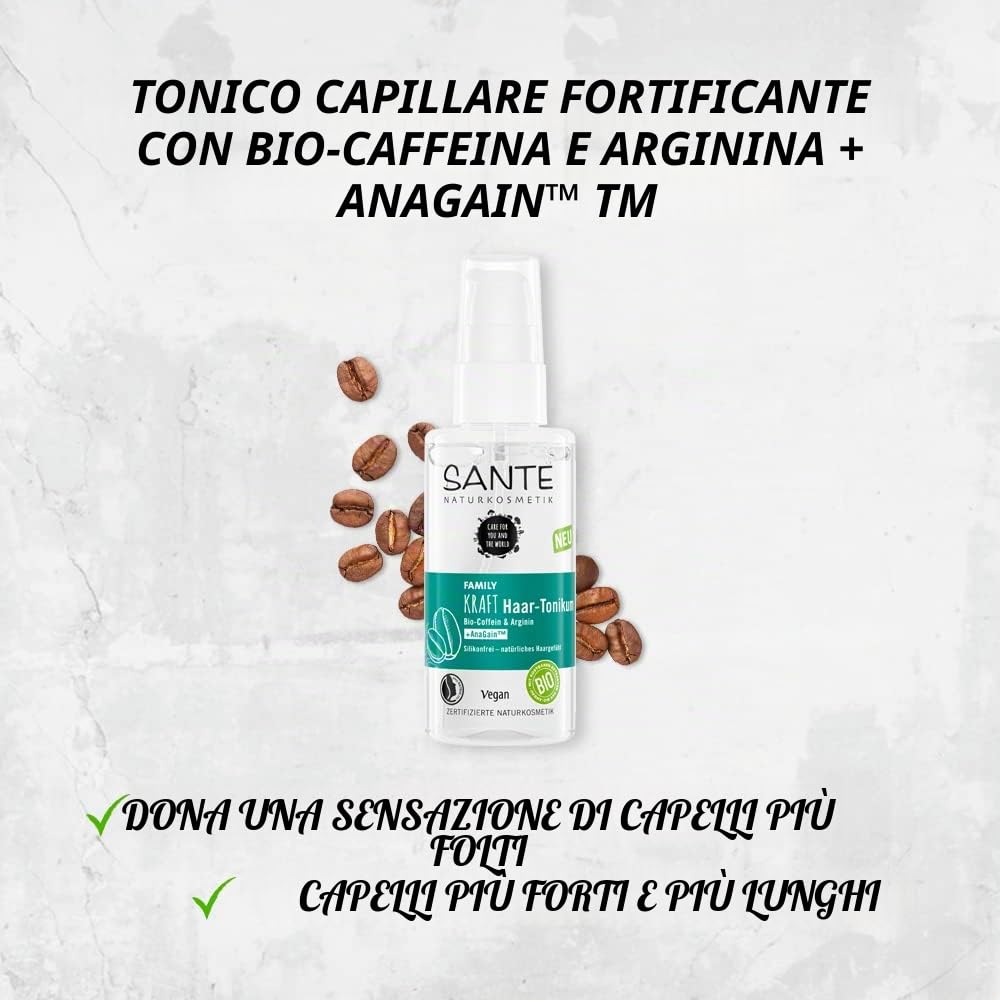 SANTE Naturkosmetik Spray rinforzante contro la perdita dei capelli, trattamento del cuoio capelluto per capelli sani e pieni con caffeina biologica, arginina e anaGin, tonico per capelli, 1 x 75 ml