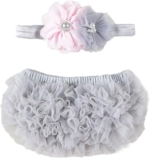 OoSweetCharlotteoO 2pcs Baby Girl Chiffon Bloomer & Headband Set Newborn Photo Prop Baby Girl Cake Smash Outfit (6-12 Months, Grey)