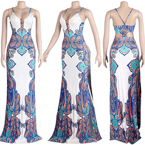 Iymoo Womens Spaghetti Strap Beach Maxi Dresses-Sexy Bandage Floral Printed Long Dress Outfits White L #TOP3
