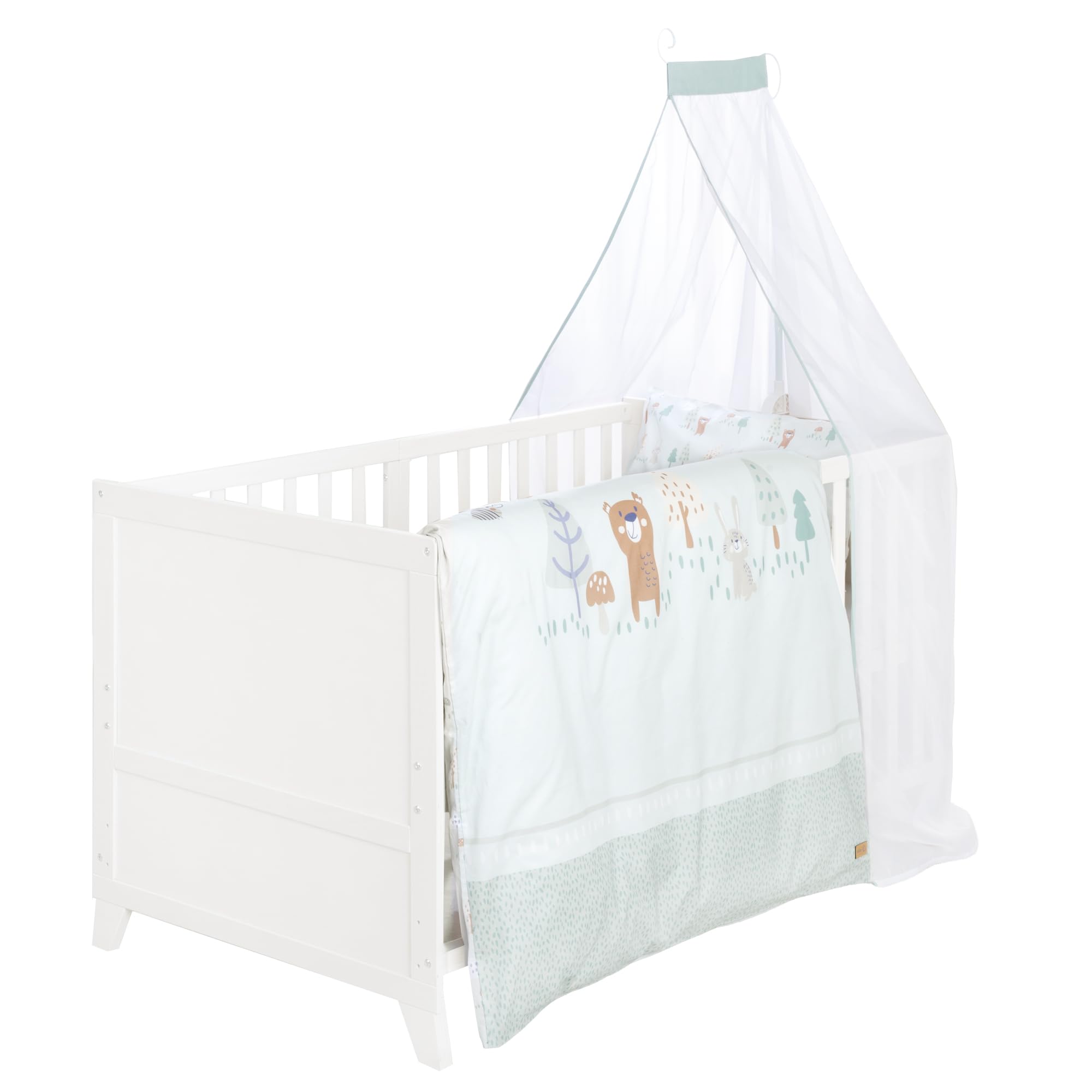 roba Ensemble Complet de Lit Bébé Woodland Buddies - Lit Évolutif 70 x 140 en Bois + Matelas, Linge de Lit, Baldaquin et Support de Baldaquin - À Partir de 6 Mois - Blanc