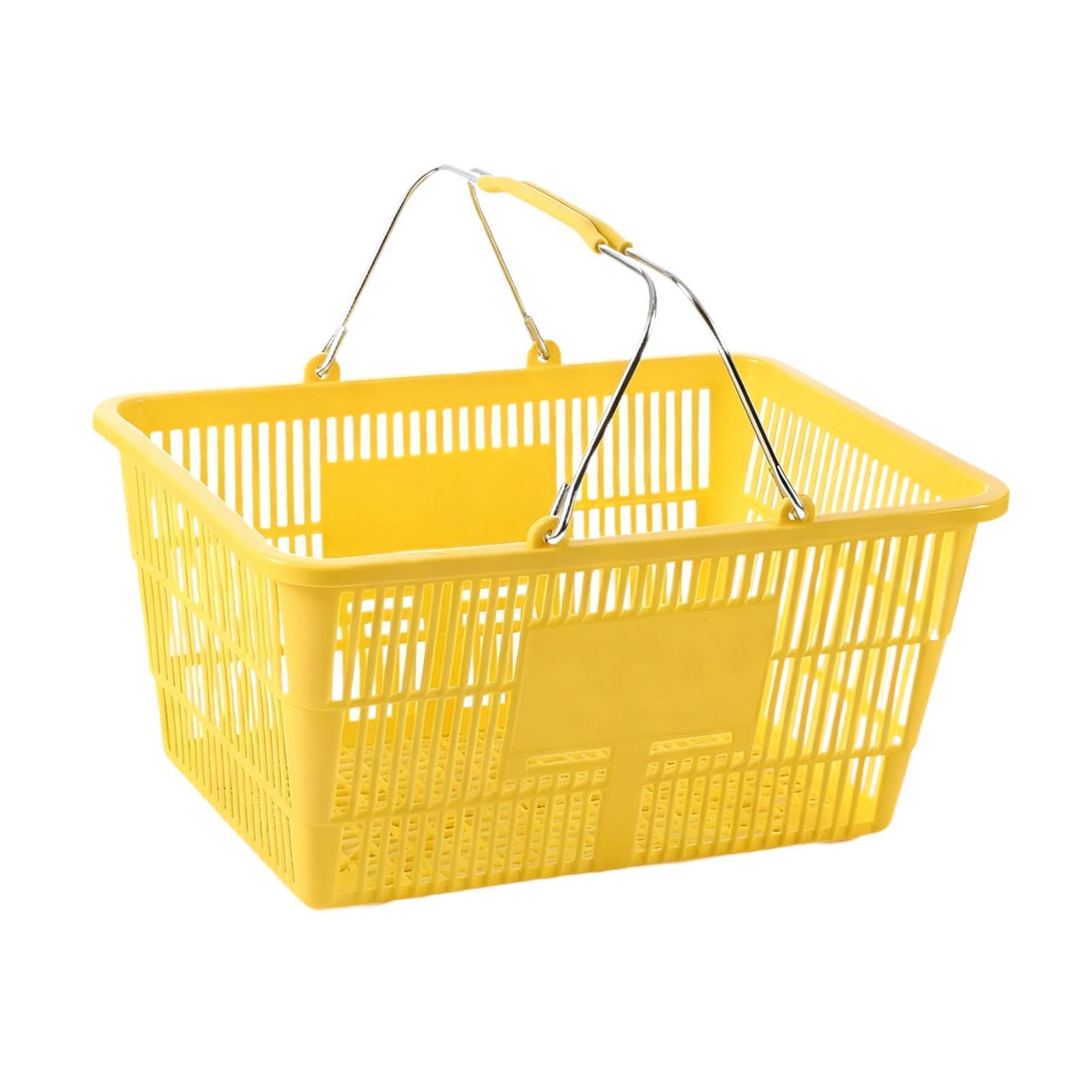 Panier de Courses avec Poignée Métal, Panier Supermarché en Plastique Renforcé, Grande Capacité, pour Commerce, Épicerie et Rangement Maison, Rectangulaire, 42x30 cm, Jaune