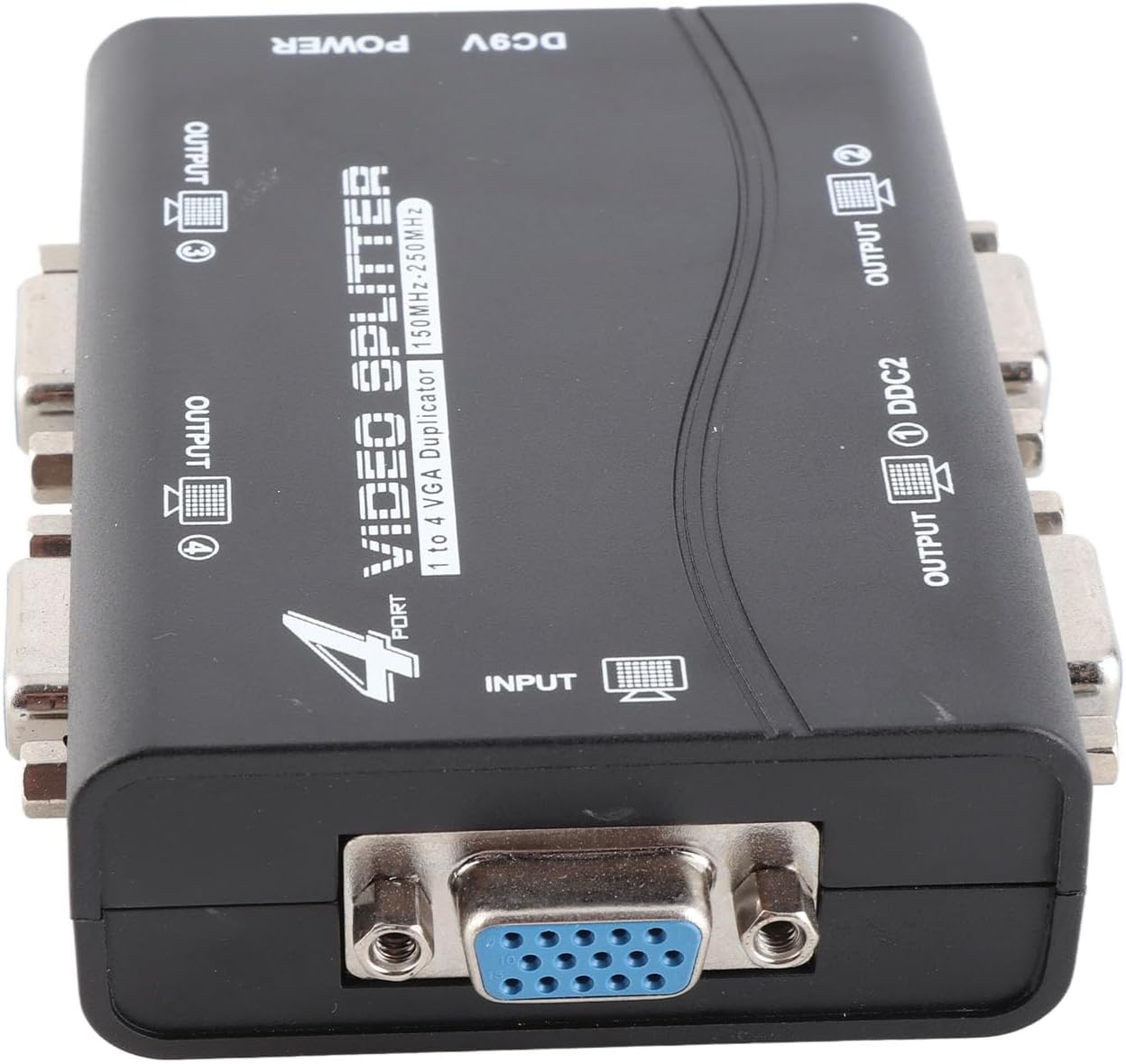VGA Splitter Amplifier Box, 4 Port Powered 1 in 4 Out 250Mhz Video Distribution Duplicator, 1920x1440 HD Video Splitter with DDC Function, for Laptop Projector TV