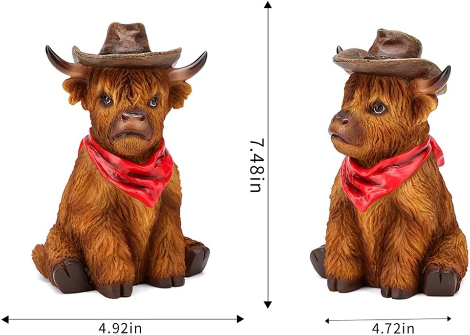 Highland Bull Statue Western Cowboy Highland Bull Resin Statue 7.4 inches, Home Garden Bathroom Kitchen Office Layered Tray Table Decor, Father's Day (Brown Denim)