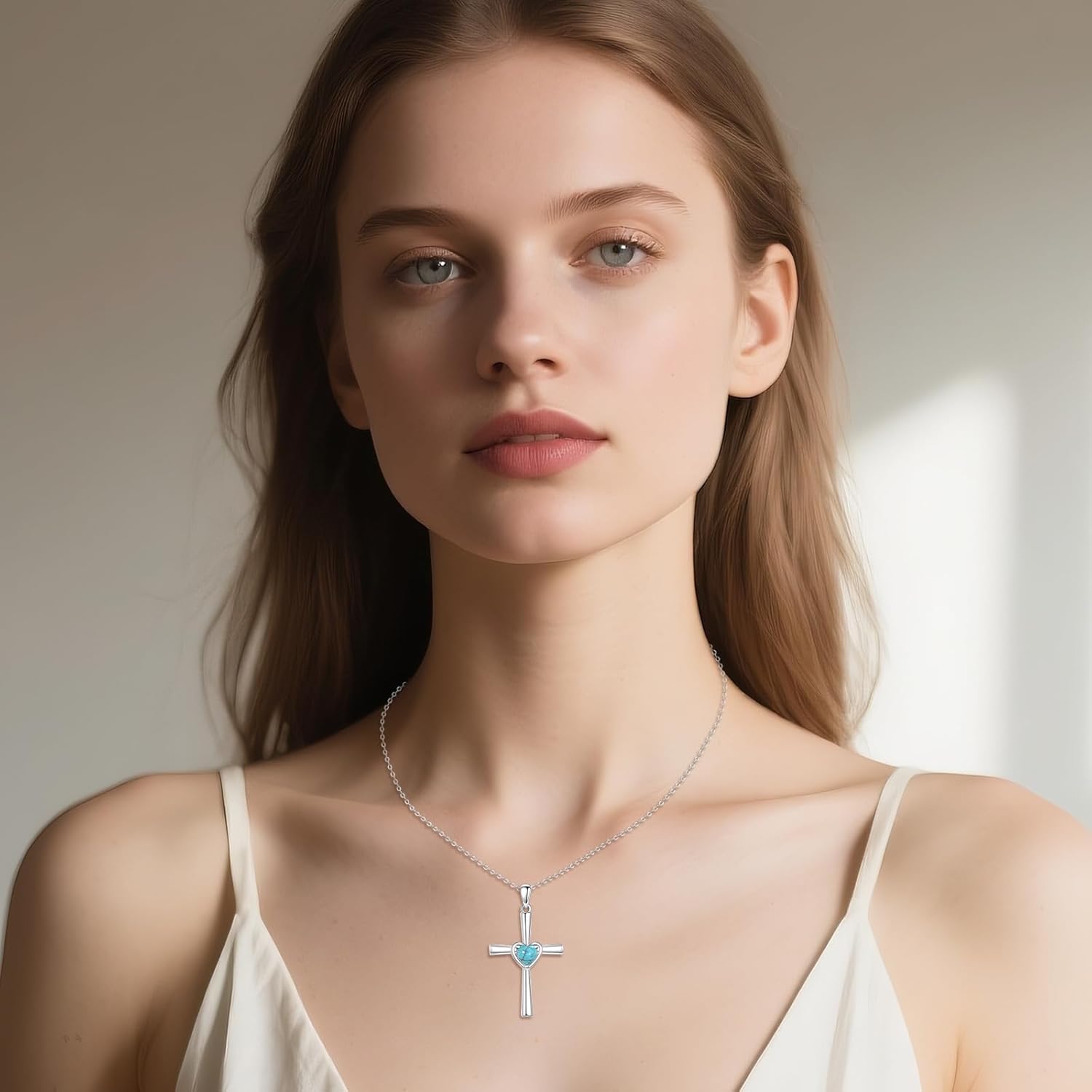 Heart Cross Necklace 925 Sterling Silver Turquoise Pendant Cross Jewelry Gifts for Women - Image 2