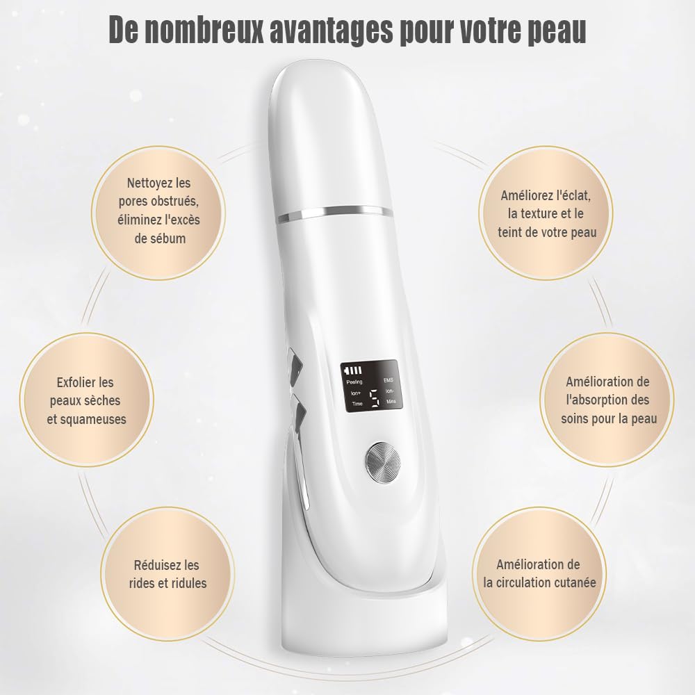 Pinkiou Épurateur de Peau, Blanc | Spatule Point Noir, 4 modes, Nettoyage en profondeur des pores, Grattoir portable, Station de Charge Type-C