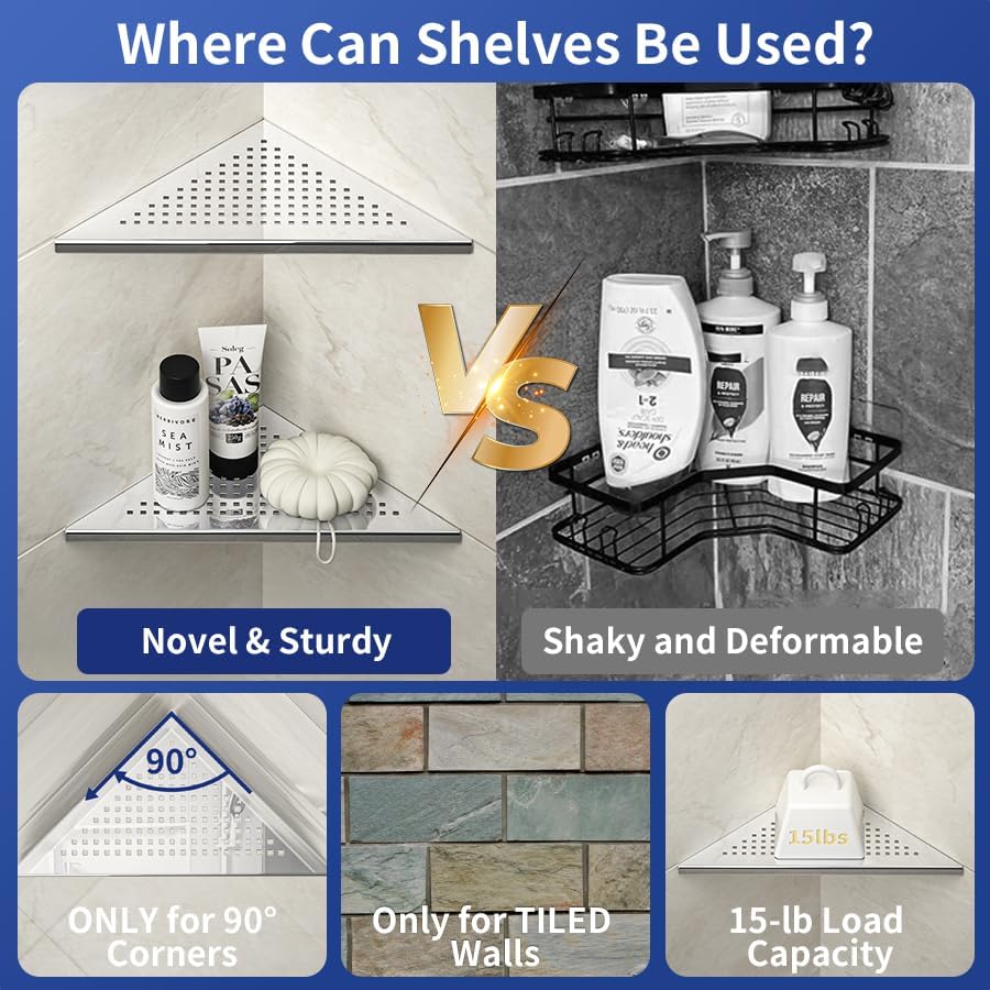 Miniatura 4 de Bernkot Estante de ducha esquinero, estantes empotrados de acero inoxidable 304 pulido de 10 pulgadas para baño, estantes de estante para pared de