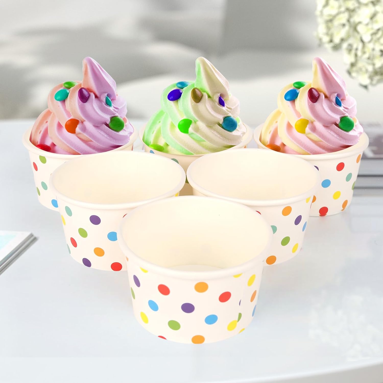 50 Pcs 5.5 oz Ice Cream Cups, Disposable Ice Cream Cups,Frozen Dessert Yogurt Cups, Paper Sundae Cups, Disposable Paper Dessert Bowls, Rainbow Polka Dots Party Supplies