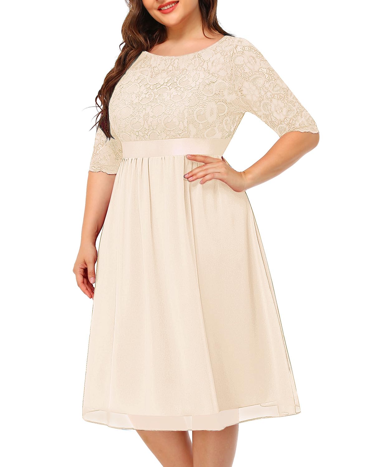 Plus Size Wedding Guest Dresses Women Cocktail Lace Chiffon Midi Dress | Lace top, chiffon midi skirt, half sleeves, high waist, elegant cocktail party, formal evening wear, soft lined fabric