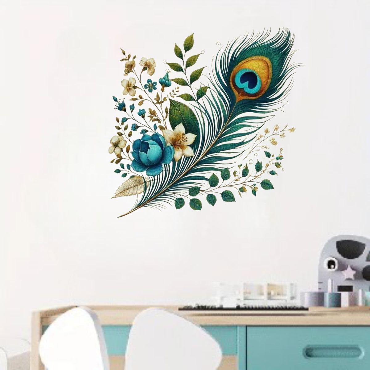 Peacock Feather Wall Sticker | Mor Pankh Floral Wall Decal for Home Décor | Self Adhesive Waterproof Vinyl Wall Sticker | Living Room, Bedroom | Size 60 x 61 CM-image-10