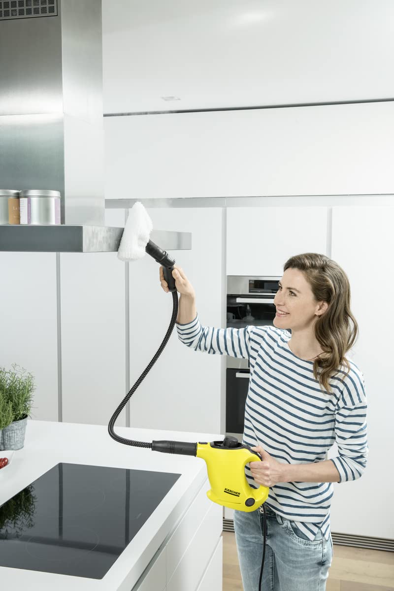 Pulitore a Vapore Kärcher SC 1 EasyFix, Pronto in 3 min, Compatto, 1200 W, Serbatoio 200 ml, Area 20m² + Bocchetta pavimenti e panno EasyFix + Bocchetta Manuale e Panno Microfibra + Spazzola Tonda