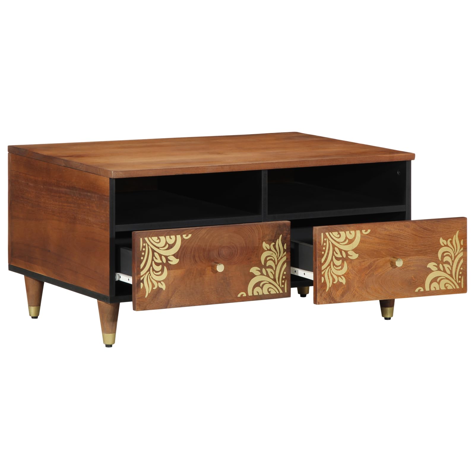 Mesa de centro de madera maciza de mango, 80 x 54 x 40 cm, con tres cajones, diseño moderno, con incrustaciones de flores, superficie marrón miel para salón, almacenamiento y estabilidad