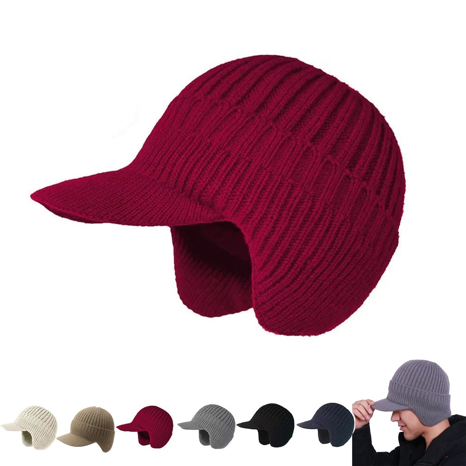 Cozy Head Beanie Winter Hat with Brim and Ear Flaps, Knitted Hats with Fleece Lining for Warmth Caps for Men Women(Red)