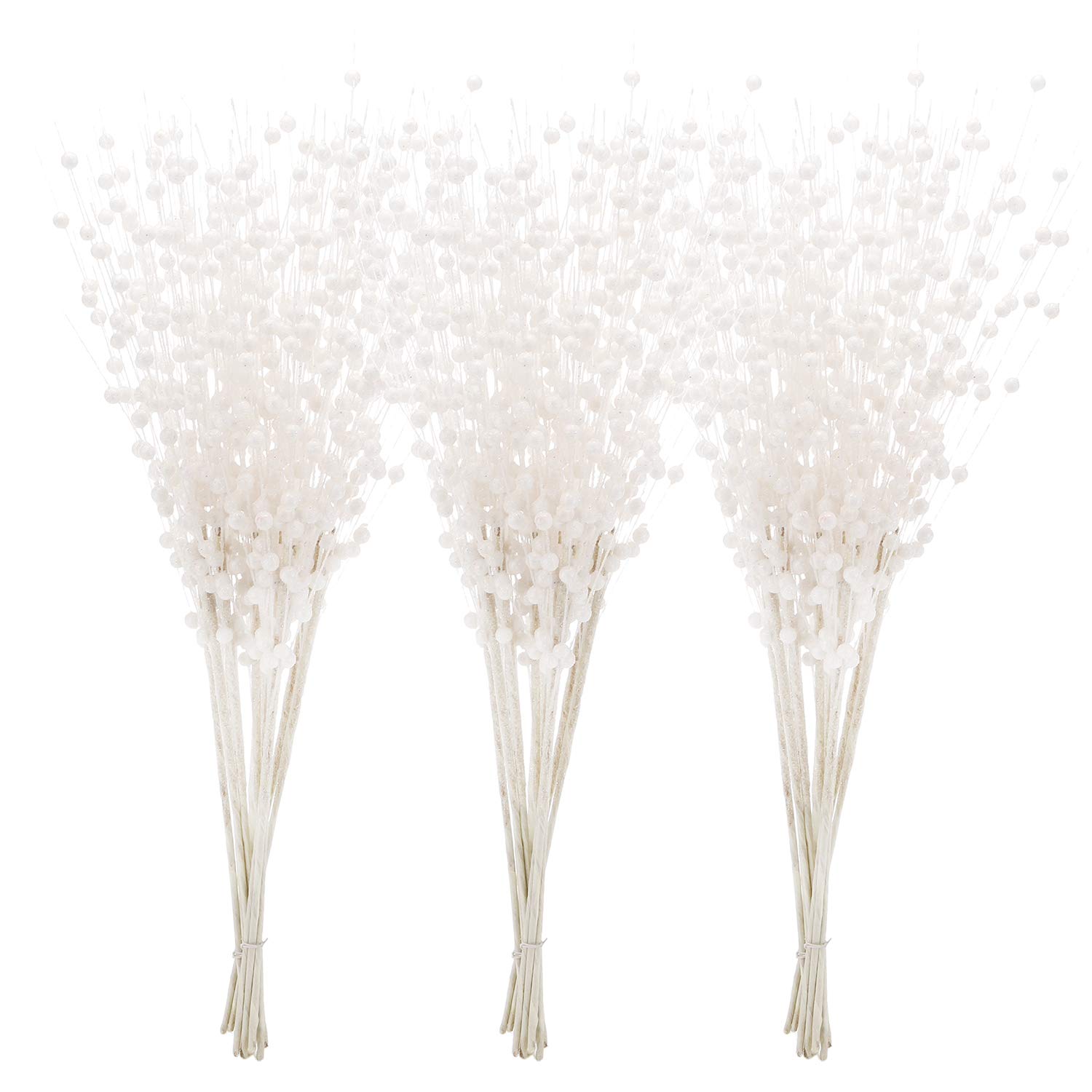 Sea Team 24-Pack Artificial Glitter Berry Stem Ornaments, Decorative Bead Sticks, Glittery Twigs, Picks, Branches for Christmas Tree, Small Vase, Holiday, Wedding, Party (17 Inches, White)
