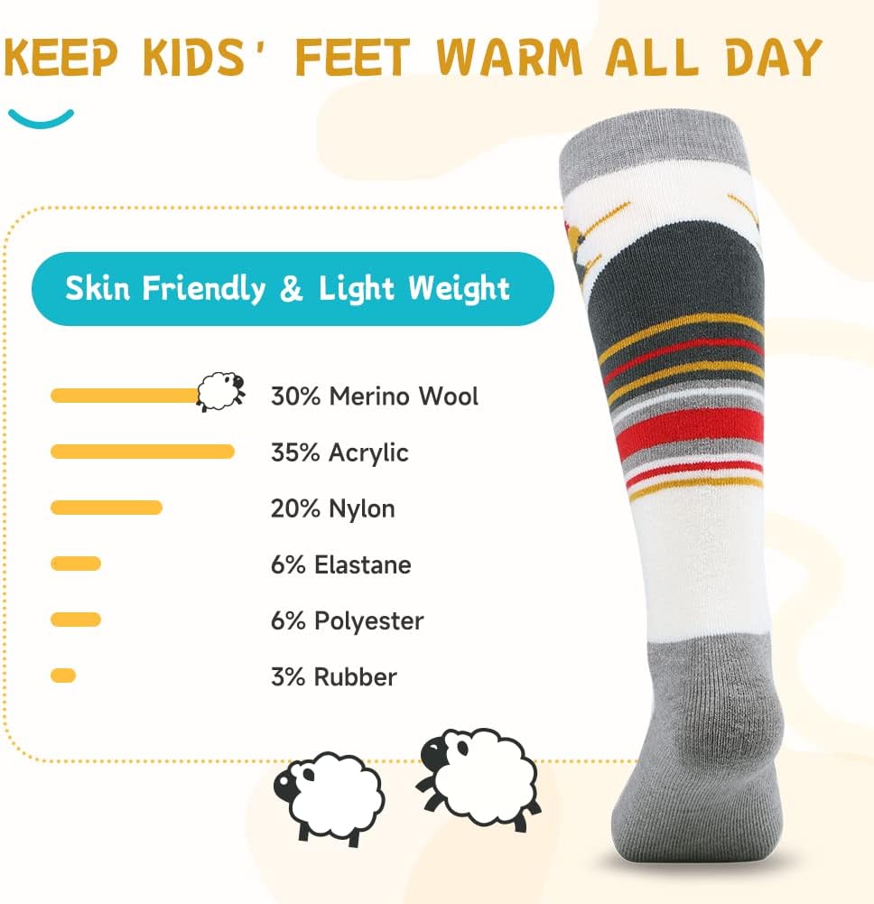 Findway Kids Merino Wool Ski Socks (2 or 3 Pairs) - Winter Warm Thermal Socks for Snowboarding, Boys and Girls 3-16 Years