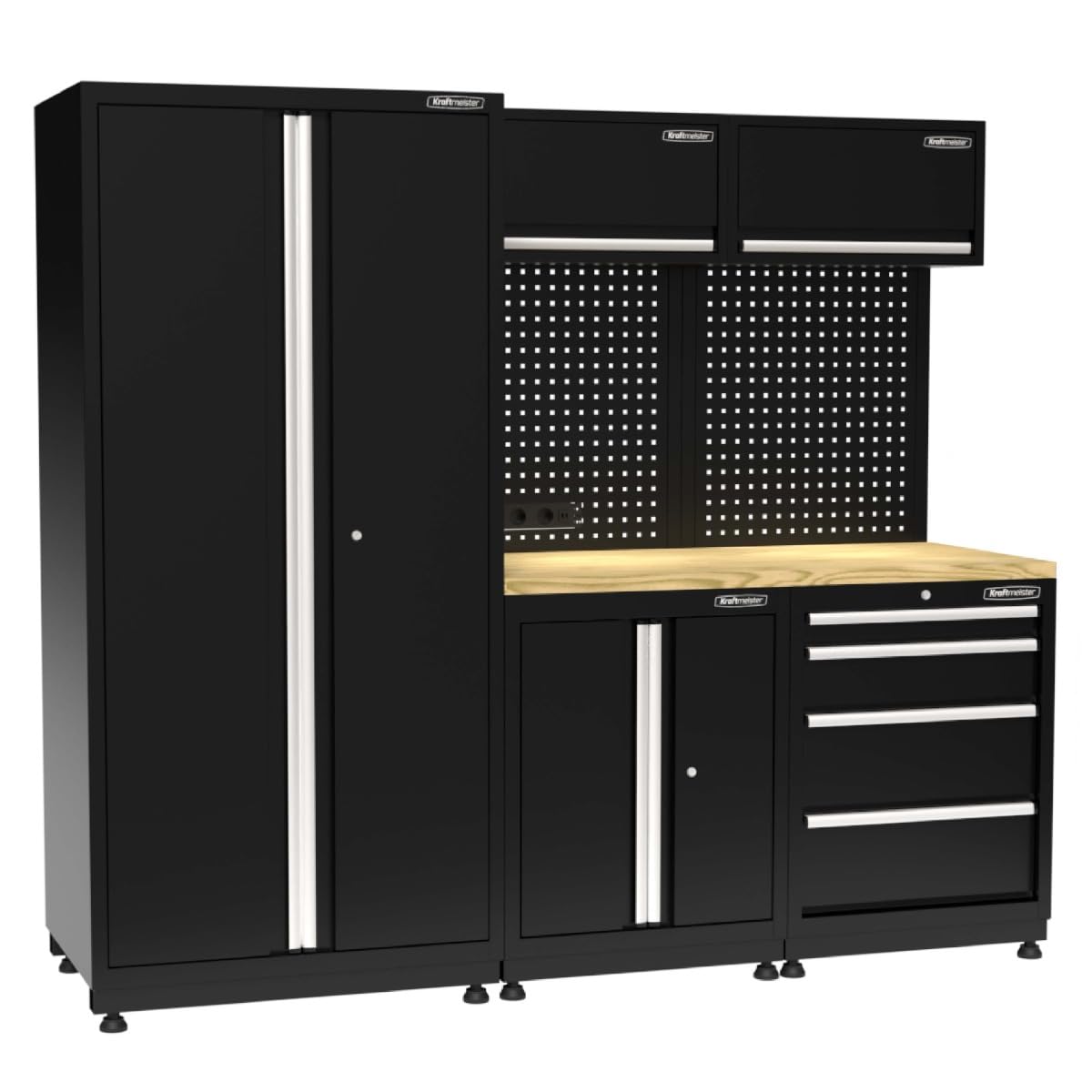 Mueble de taller - Cocina masculina con 4 cajones y 4 armarios - Armario de herramientas, garaje - Banco de trabajo modular con encimera de roble y pared de herramientas - Negro