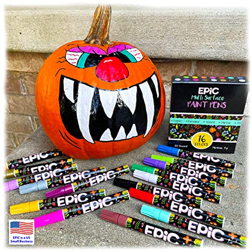 Epic Oil Based Paint Markers for Pumpkins - Permanent Opaque for Metal, Glass, Ceramic, Porcelain, Wood, Fabric, Canvas, Rubber - Medium Tip - 16 Popular Colors - Halloween Jack-O-Lantern
